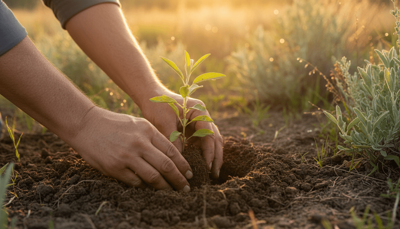 Gardener planting a young tree in rich soil with natural sunlight