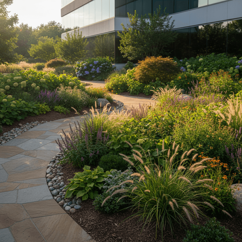 Complete landscape transformation with layered plantings and mature growth