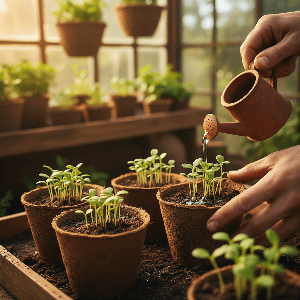 Quality seedlings in hands during careful watering