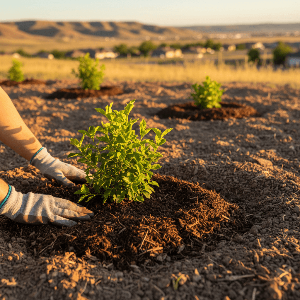 Native plants freshly installed in Scipio home landscape