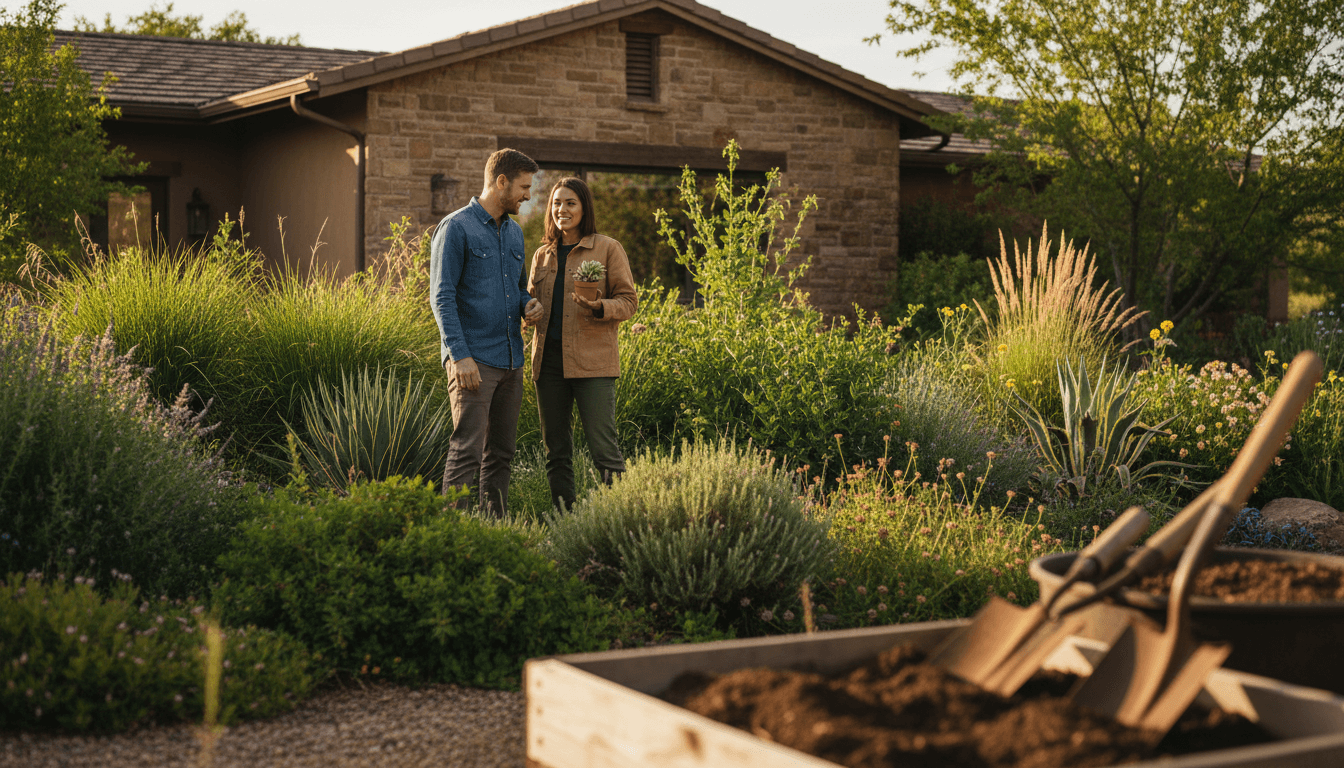 Scipio Plants specialist discussing landscape project with homeowner among healthy established plantings