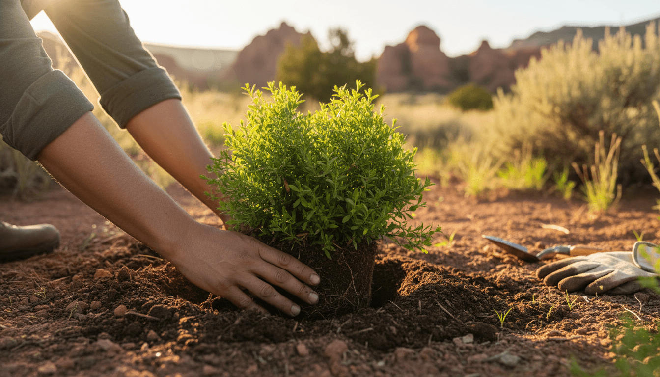 Experienced gardener planting a healthy shrub in Utah landscape soil
