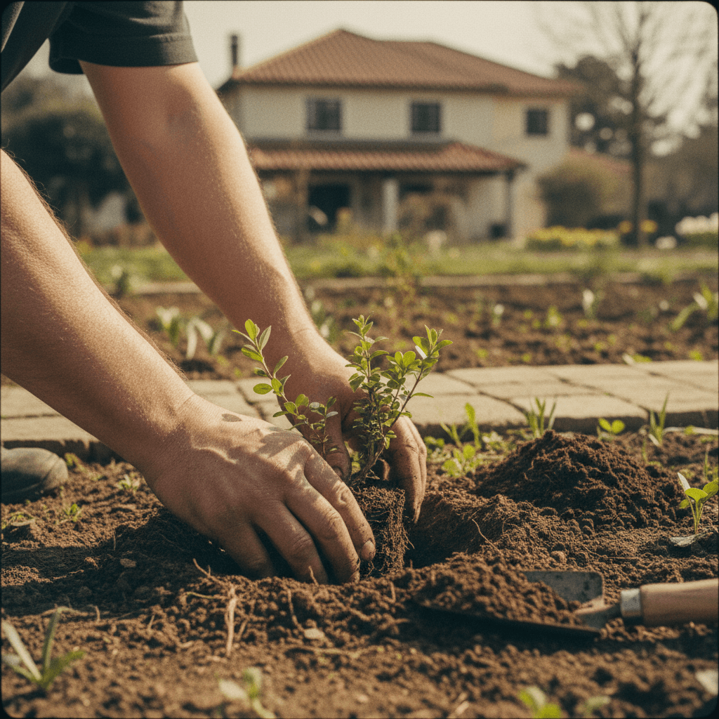 Hands carefully planting a young shrub in prepared soil