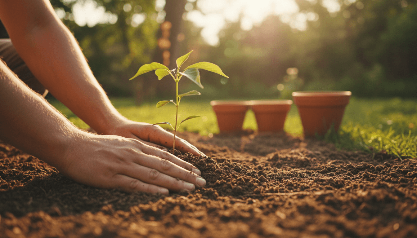 Hands planting a young sapling into soil with care