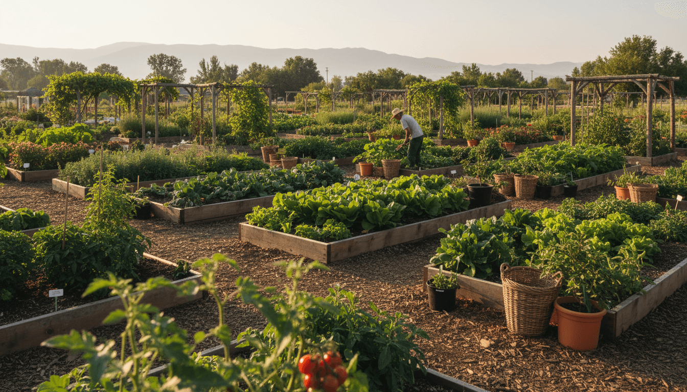 Thriving plant nursery with healthy plants in raised beds and containers, gardener tending to plants in morning light
