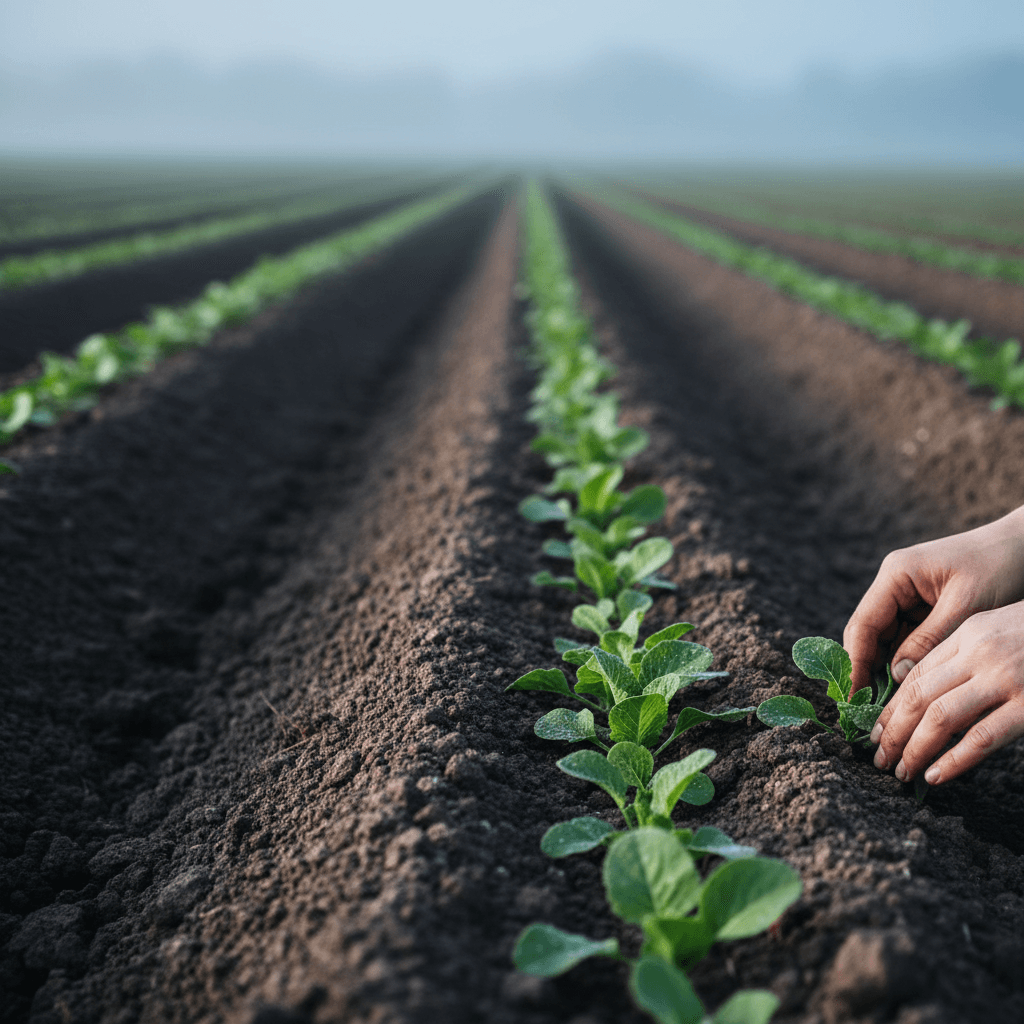 Young agricultural plants in field rows
