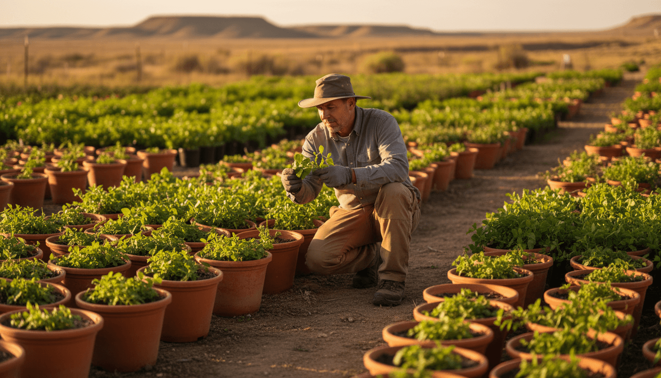 Experienced gardener tending to healthy plants in a professional nursery setting in Scipio, Utah