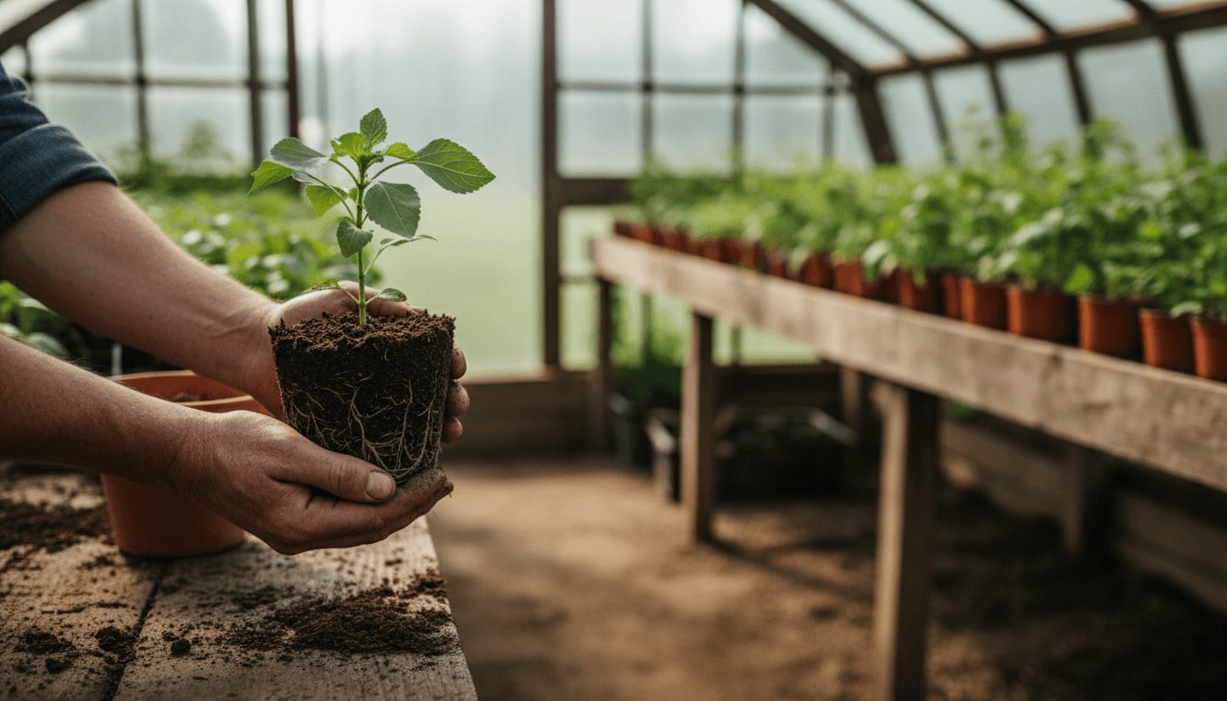 Gardener's hands holding a healthy young plant with soil in a greenhouse setting