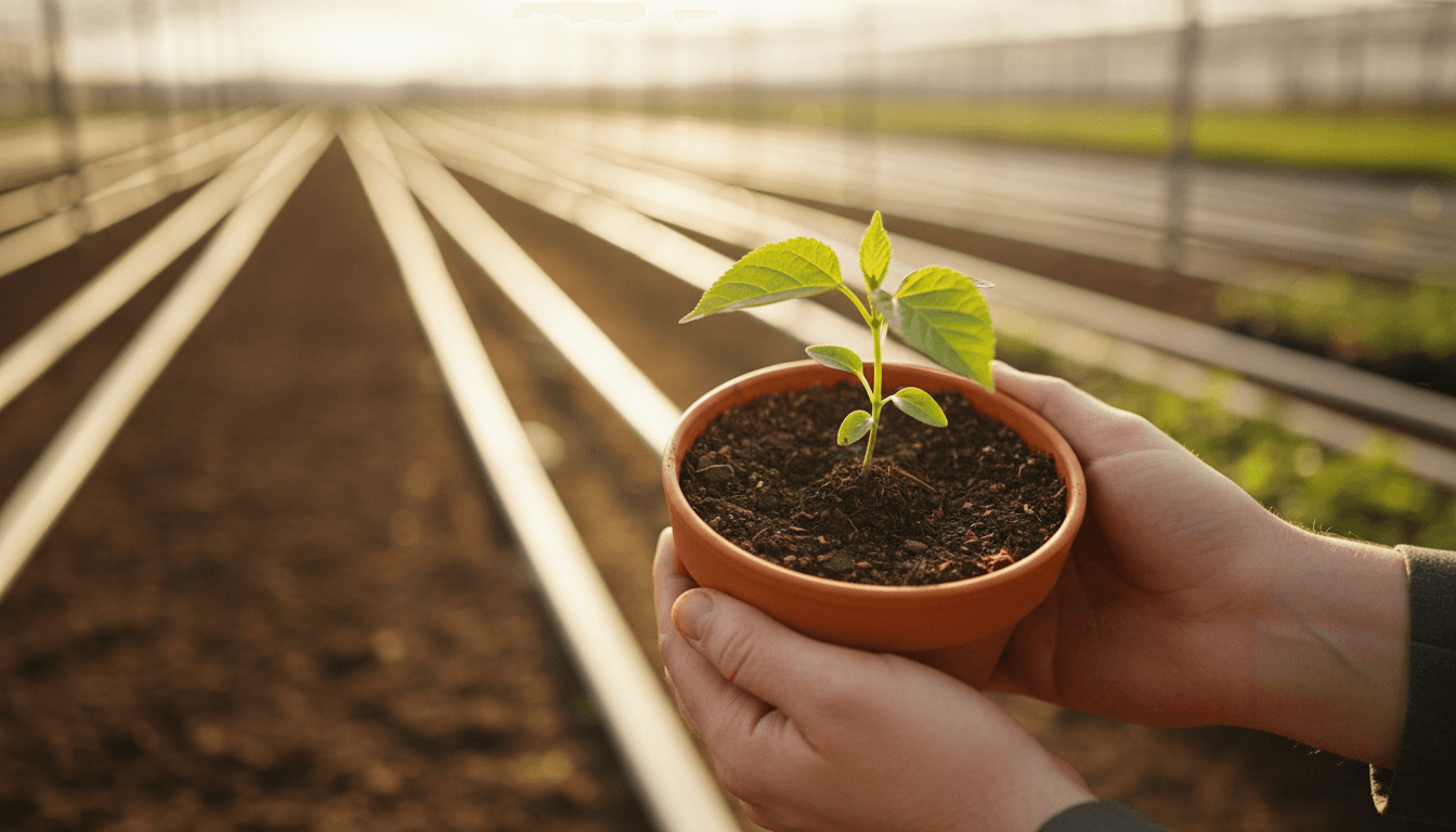 Horticulturist holding a young healthy plant with care